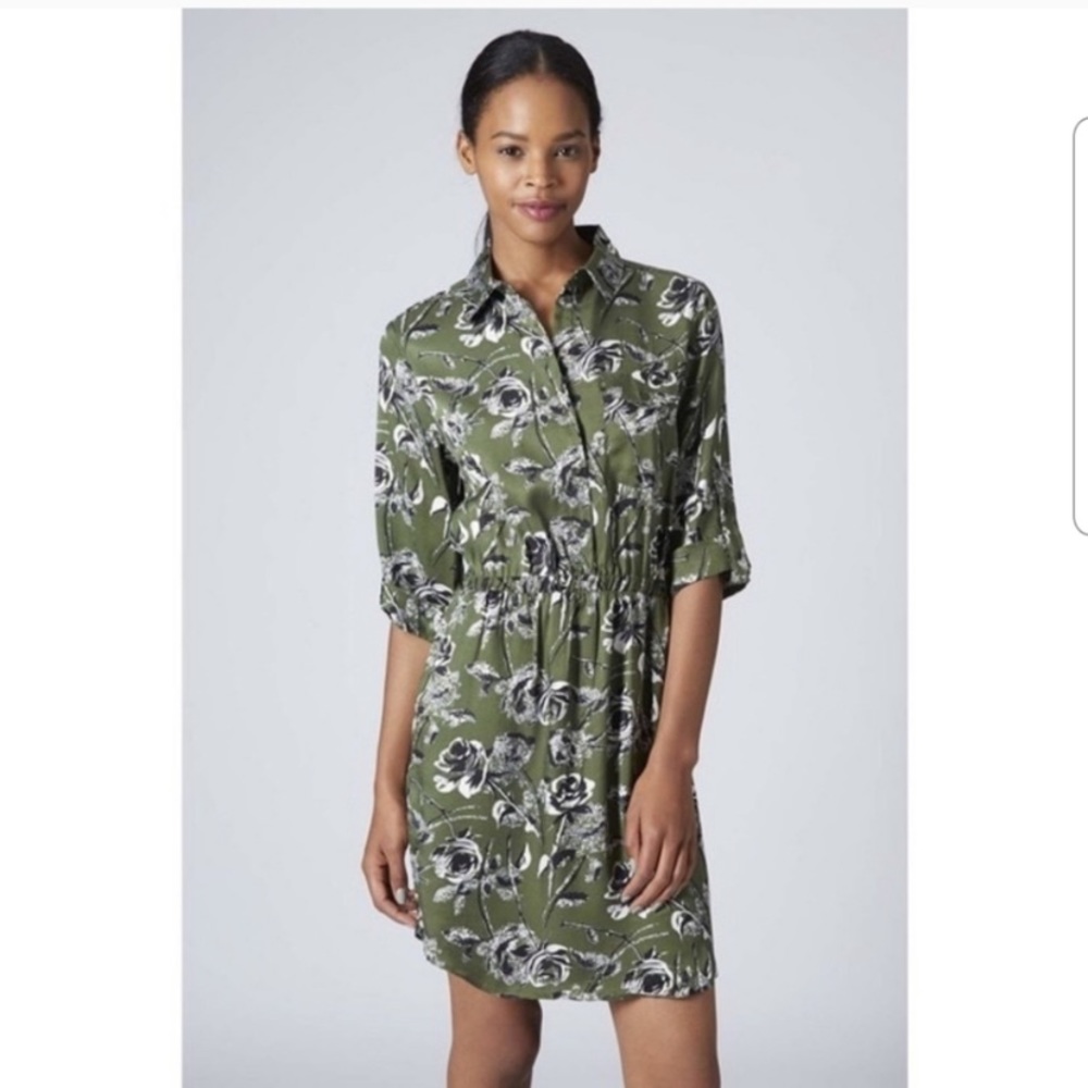 Topshop Floral Utility Shirt Dress Green 8